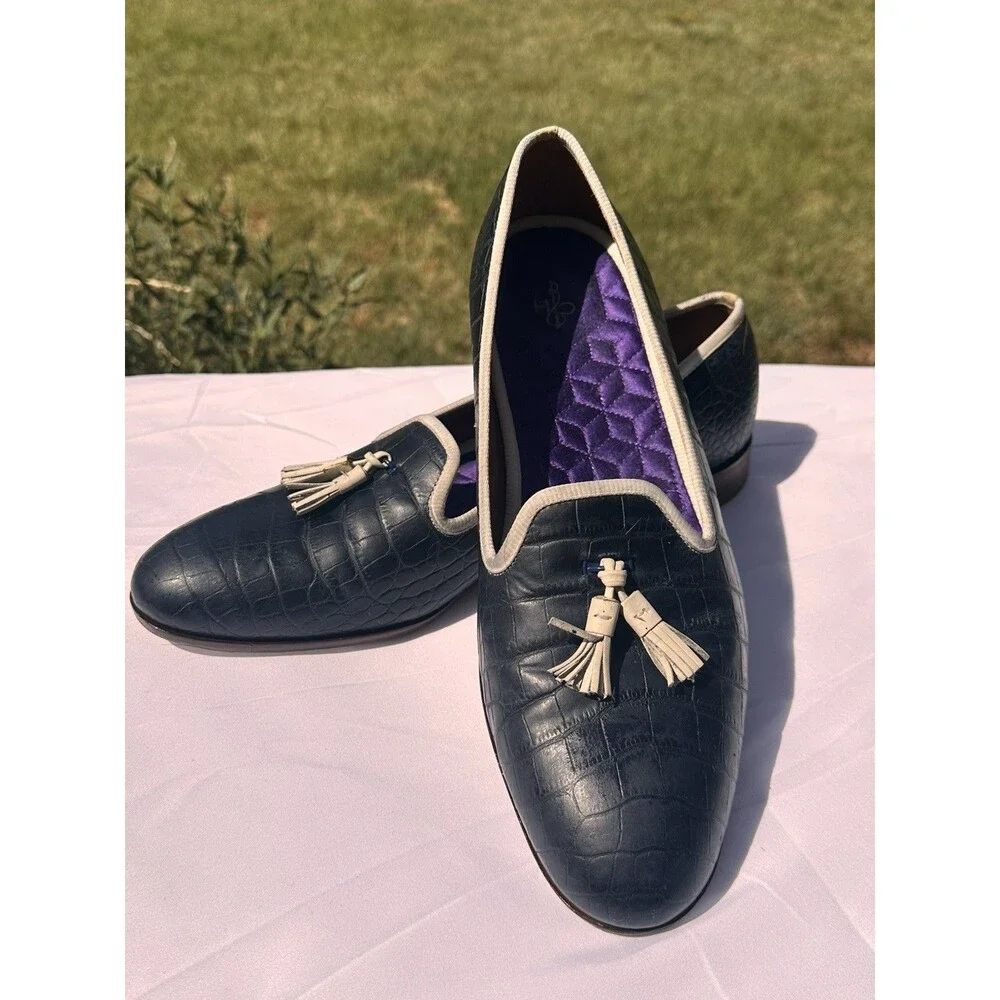 Men’s Evening Slippers Smoking Loafers 10 M Cole Haan Embossed Croc Tassel Navy